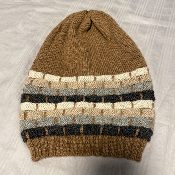 Women’s Classic 100% ALPACA Justin Hazelnut Camel Gray Striped Beanie Hat - Picture 1 of 9